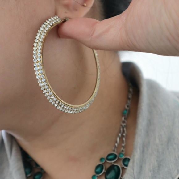 Kitson double tier cascading rhinestone pave hoop statement earrings gold Large - Picture 6 of 8